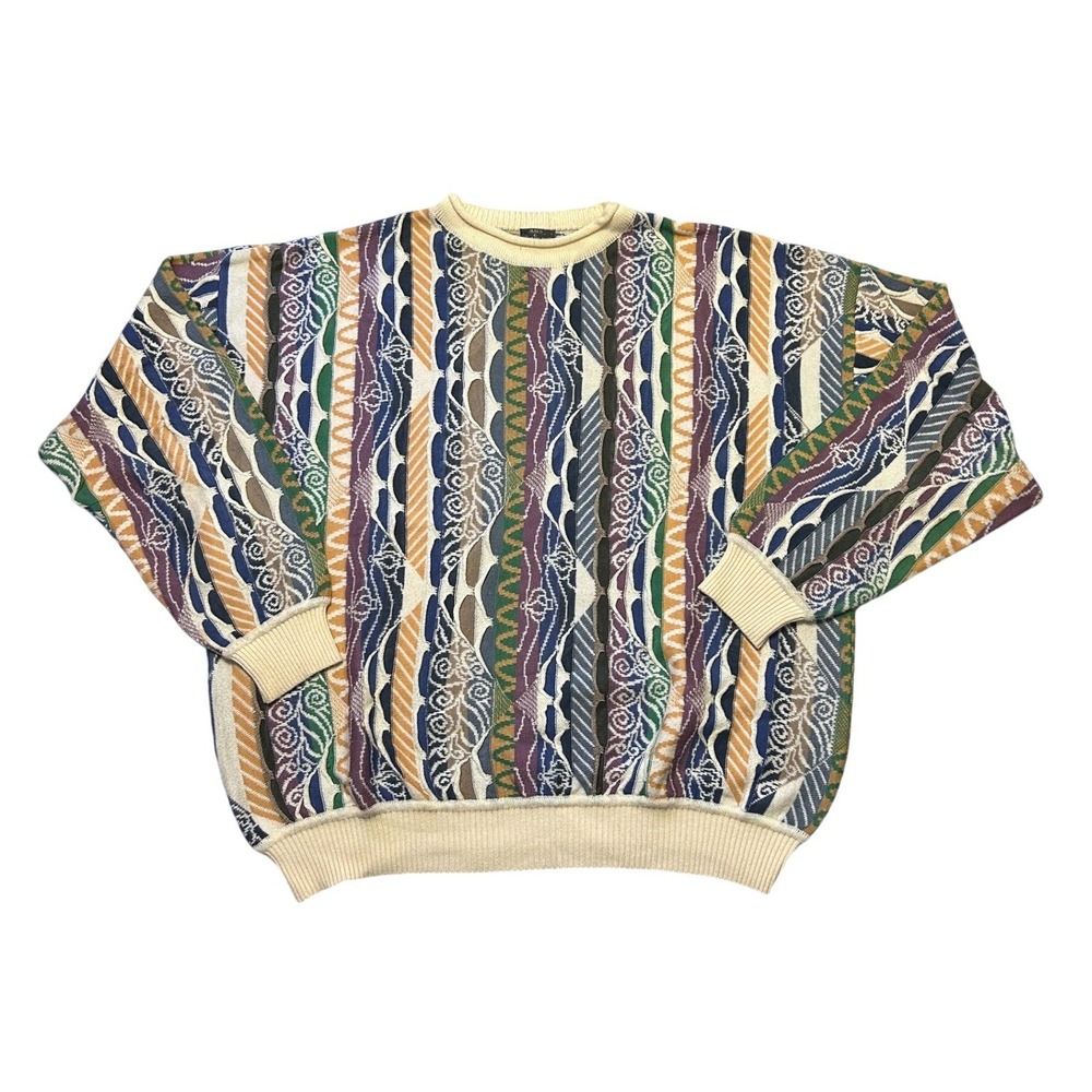 Maus & Hoffman Sweater L Multicolor 3D Knit grandpa core Coogi Style Vintage